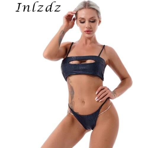 Sexy Womens Lingerie Bikini Swimsuit Set Adjustable Spaghetti Strap Crop Top with G-string Thong Briefs Beach Bathing Clothes