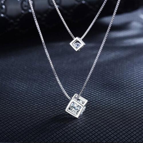 925 Sterling Silver Dainty Double Layer Square Cube Zircon Pendant Necklace Women Choker Necklace For Best Birthday Gifts S-N209