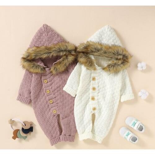 Baby Girls Boys Knitted Romper Autumn Winter Solid Color Single-breasted Long Sleeve Hooded Jumpsuit with Wool Collar
