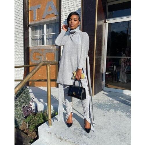 Ueteey New Two-piece Fashion Casual Solid Turtleneck Folds Women Pant Set