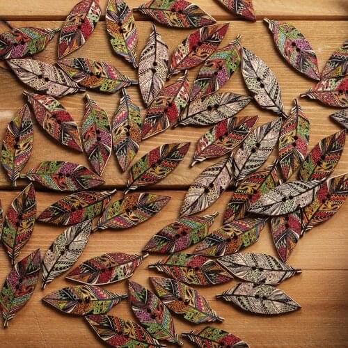 Vintage Leave Feather Arrows Wood Sewing Button At Random 2 Holes For DIY Kids Clothing Accessories 42*15mm Clourful Button