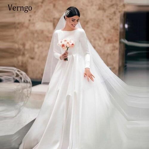 Verngo 2021 Vintage Simple A Line Satin Wedding Dress Long Sleeves Bride Gowns Covered Buttons Back Bridal Dress With Free Veil