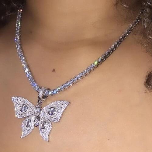 TOP Quality iced out bling butterfly jewelry clear pink cubic zirconia micro pave cz butterfly pendant women necklace