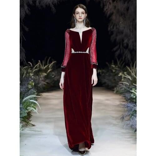 New Burgundy Elegant Velour Evening Dress Vintage Tassel Beading A-Line Long Festival Wedding Party Formal Gowns Christmas 2021