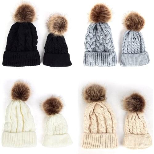 Winter Parent-Child Suit Women Warm Knitted Wool Hats Kids Beanies Fashion Female Slouchy Skullies Beanie With Pom Pom Cap Balls