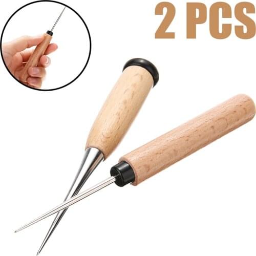 2PCS Leather Awl Tool Wood Handle Stainless Steel Awl Stitching Taper Needle DIY Punching Canvas Sewing Shoes Leather Tools