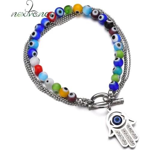 Nextvance Rosary Beads Chain Hand of Fatima Bracelets Rhinestone Evil Eye Hamsa Pendant Bracelets for Women Men Multi Layers