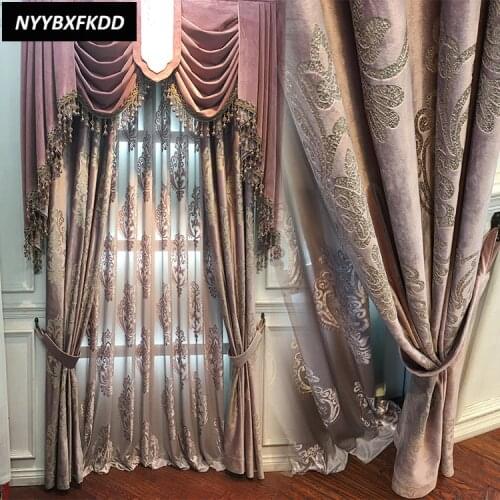 Purple Velvet Gilded Curtains for Living Dining Room Bedroom Blackout Curtains High End European Style Luxury Window Valance