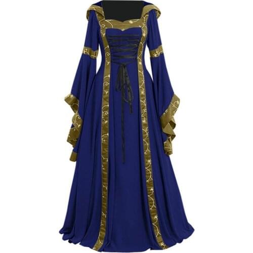 50%HOT Celtic Women Lace Up Long Sleeve Floor Length Medieval Dress Halloween Costume