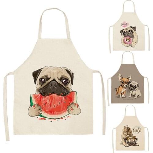 Cartoon Dog Printed Kitchen Aprons Cotton Linen Home Cooking Baking Coffee Shop Cleaning Accessory WQ126