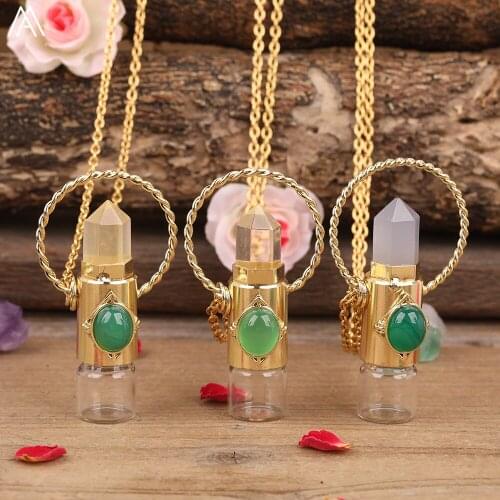 Exquisite Women Labradorite Stone Roll On Perfume Bottle Pendant Jewelry Gold Circle Gemstones Pendant Chains Necklace Jewelry