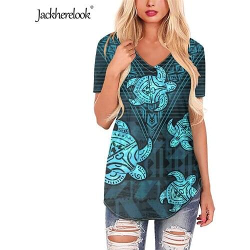 Jackherelook Blue Turtle Polynesian Tribal Tattoo Print Woman Tops Shirts Casual Summer V-neck Blouse Short Sleeve Blusas Mujer