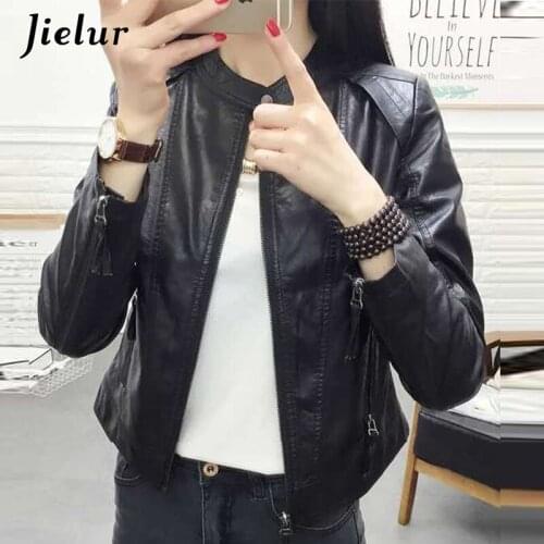 Jielur Black Faux Soft Leather Jacket Women Coat Autumn Winter Long Sleeve 2020 New Short Solid Color Jacket Slim Chic S-XL
