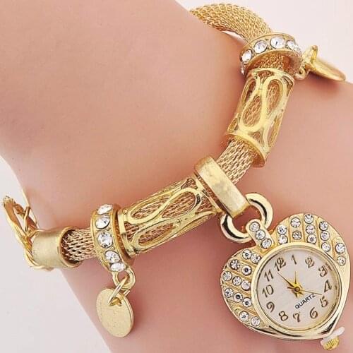 Gold Silver Fashion Women Bracelet Watches Ladies Girls Womens Wristwatch Love Heart Round Quartz Watch