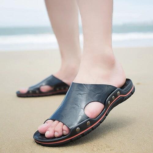 POLALI Men Slippers 2019 casual flat beach slippers men summer shoes Genuine Leather sandals big size 38-48