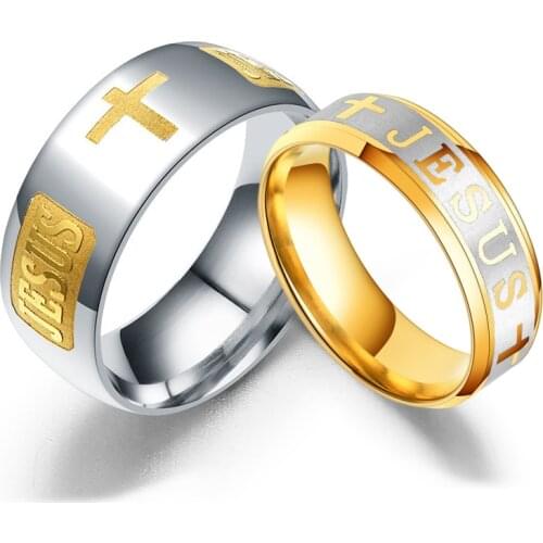 YWSHK 316 Titanium Steel Gold Color Christian Jesus Cross Ring Letter Bible Prayer Finger Rings For Men 8mm Amulet Jewelry Gift