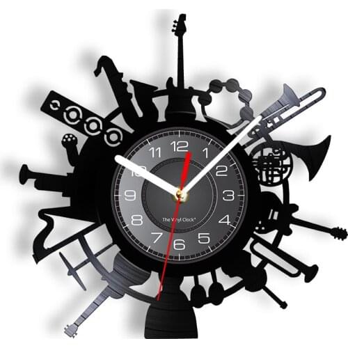 Musical Instruments Vinyl Record Wall Clock Band Guitar Musician Home Decor Laser Sound Handicraft Artwork Rock n Roll Gift