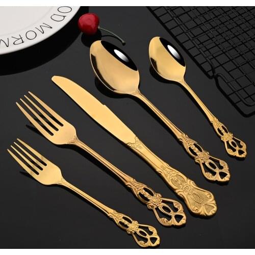 2/4/6Set Gold Mirror Kitchen Flatware Cutlery Set Stainless Steel Dinnerware Set Knife Tea Fork Spoon SilverwareTableware Set