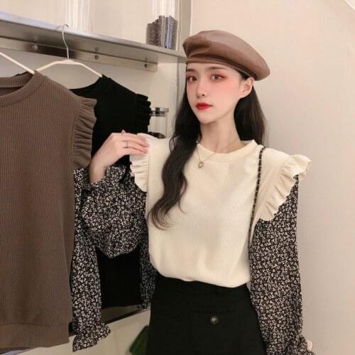 Autumn Winter 2020 New Pullovers Sweaters Fake Two-piece Splicing Floral Long-sleeved Women O Neck Leopard Ruffles Sweaters