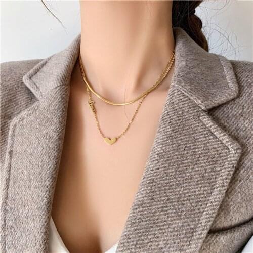 YUN RUO 2021 Gold Color Heart Pendant Necklace Double Chain Stainless Steel Jewelry for Woman Fashion Neckalce Factory Wholesale