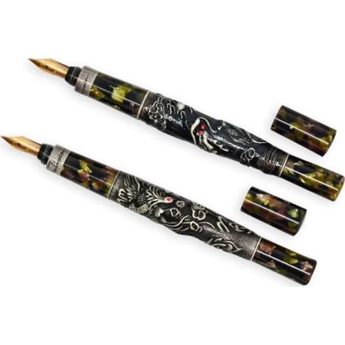 Fuliwen Ancient 10K Fountain Pen Colored Celluloid Dragon / Phoenix Fine Point 0.5mm Gift Pen & Wooden Box Ideal For Collection