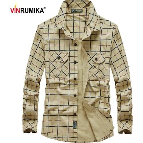 2021 Spring Autumn Large Size M-5XL Mens Business Casual 100% Cotton Khaki Grid Long Sleeve Shirts Male Army Green Plaid Shirt