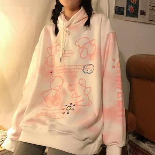 Tie Dye Hoodie Women 2021 Spring Autumn Pink Cute Bear Print Oversized Sweatshirt Hooded Harajuku Vintage Pullover Teen Clothing
