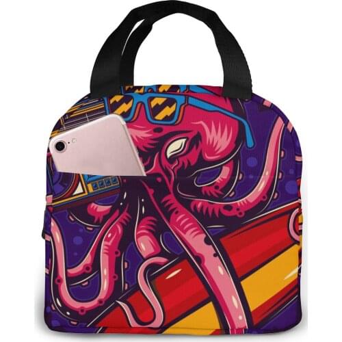 Vintage Octopus With Glasses Boombox And Surfing Cooler Bag Portable Zipper Thermal Lunch Bag Convenient Lunch Box Tote Food Bag