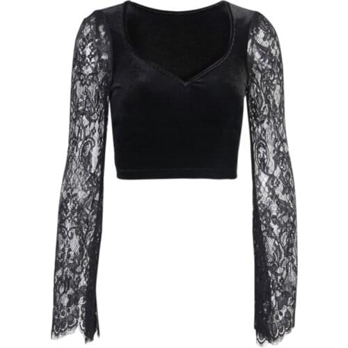 Women Gothic Lace Flare Long Sleeve T-Shirt Sexy Deep V-Neck Velvet Black Top Vintage Harajuku Elegant Clubwear