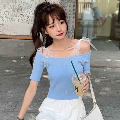 Womens Solid Color Tee Lace Up Casual Slim Exposed Navel Knitted Short Sleeve T-Shirt Tops