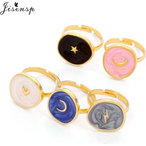 Jisensp Bohemian Style Colorful Enamel Star Moon Heart Lightning Drop Oil Metal Round Rings for Women Girl Party Jewelry Gift