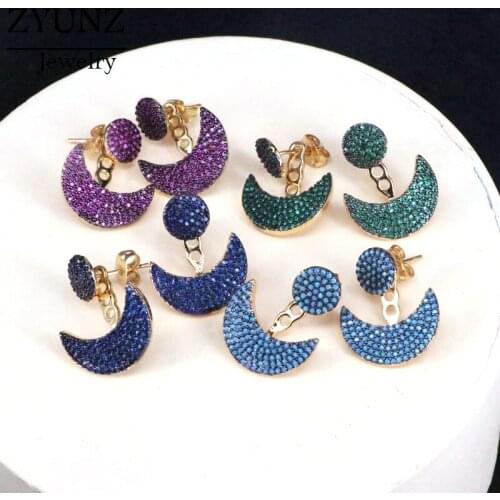 4 Pairs, Multi-color Cubic Zircon Women New Gold Color Earring Fashion CZ Micro Paved Moon Stud Earrings Jewelry For Female