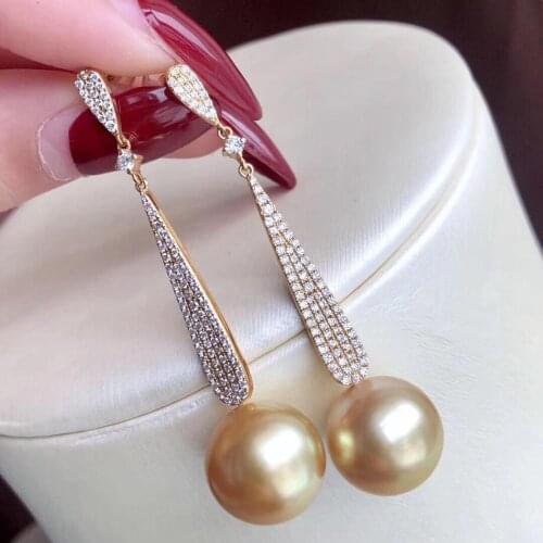 Pure 925 Sterling Silver Fine Jewelry Fresh Water Golden 9-10mm Round Pearl Dangle Earrings for Women Fine Pearl Earrings