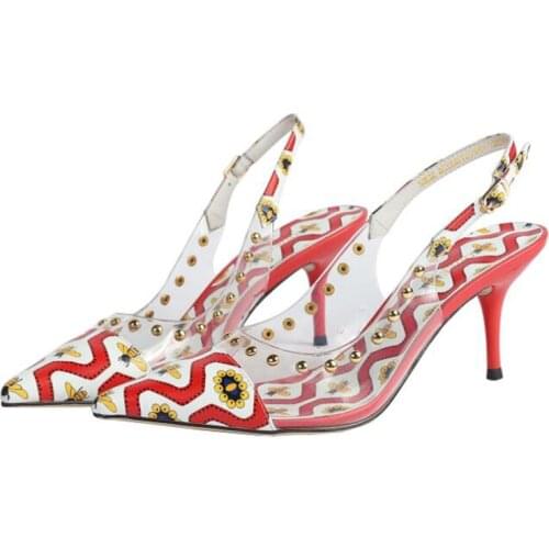 2019 New Arrival Pumps Cowhide Pointed Toe Sling Back Cut Out Mixed Color Woman Shoes Clear PVC Rivet Decor Dress Top quality