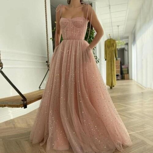 Pink Gold Starry Long Prom Dresses 2021 Tulle Strapless Sexy Evening Party Dress Formal Gowns Pockets Robe de Soiree