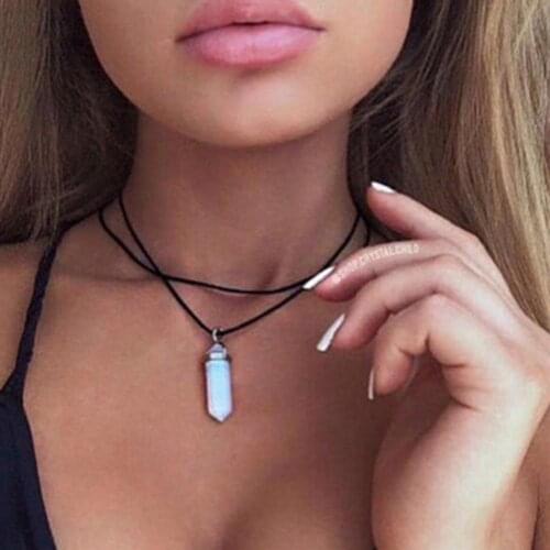 Women Double Layer Faux Leather Rope Choker Necklace Fashion Imitation Crystal Opal Bullet Hexagonal Prism Stone Pendant Necklac