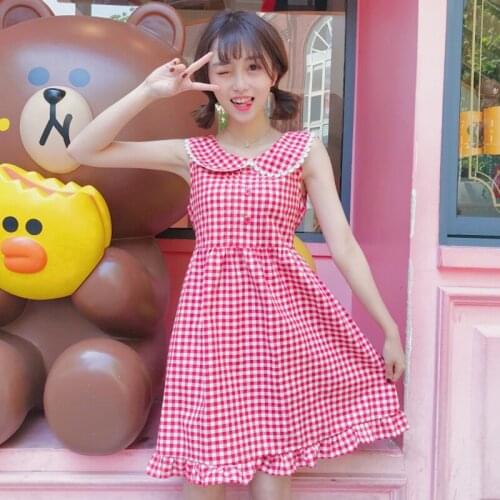 Summer new womens Korean version of the sweet cute Slim thin lattice stitching Peter pan Collar Dress