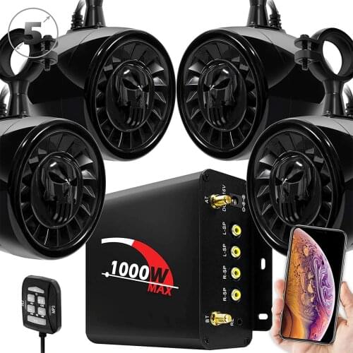 Aileap M1000X 4 Channel Motorcycle Audio System 5" Heavy Duty Bluetooth Stereo Boat Speakers with AUX MP3, USB, FM Radio