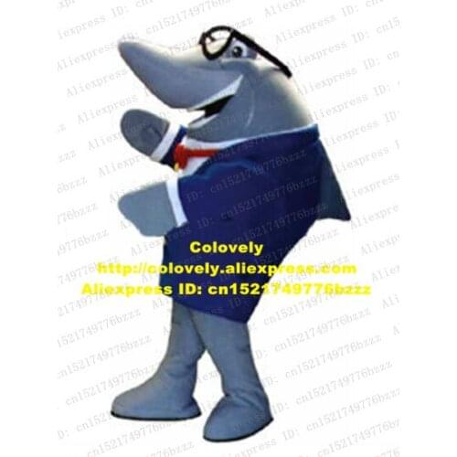 Gentlemanlike Gray Whale Cetacean Shark Mascot Costume Fancy Dress With Red Bowknot Bow Tie Blue Coat White Shirt No.7308 FS