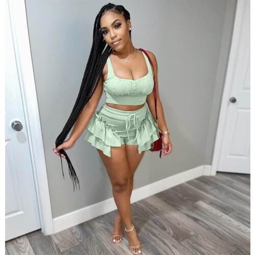 Hirigin Sexy Ruffles Shorts and Crop Top Women Summer 2 Piece Sets Fashion Club Vacation Outfits Wholesale Items 2021