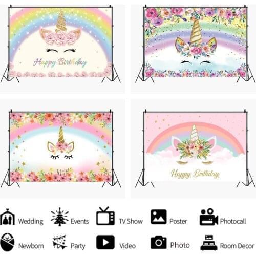 Beautiful Flowers Rainbow Unicorn Background Girl Birthday Party Decoration Photography Studio Photo 3D Digital Backdrop Cloth
