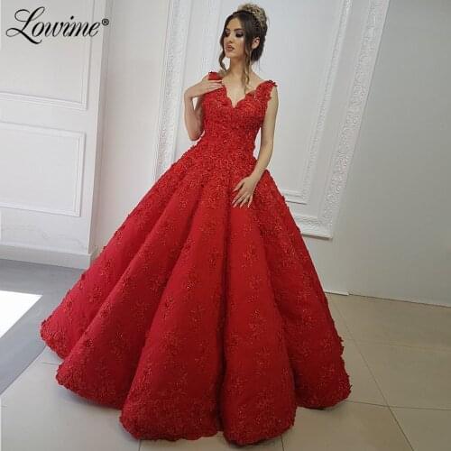 Red Lace Party Dress 2020 A Line V Neck Formal Arabic Evening Gown Robe De Soiree Backless Prom Dresses With Handmade Flower