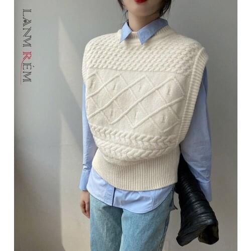 LANMREM Womens Sweater Vest Knitted Short Loose Plaid Pullover 2021 Autumn Winter Fashion Tide Top Female Clothing 2C2157