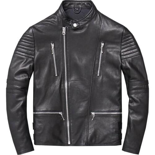 Sheepskin Leather Jacket Mens Motorcycle Diagonal Zipper Jacket Spring and Autumn Mens Leather Jacket