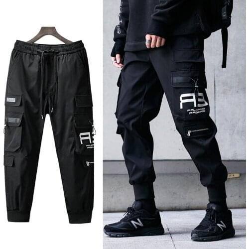 2021 streetwear Casual Harem Mens pants Fashion Solid Joggers Men Zipper Pockets Ankle-length Cargo Pants For Men