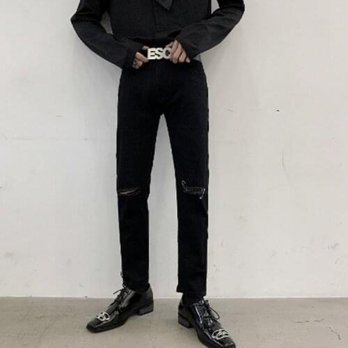 Homens mulheres elástico buraco quebrado magro ajuste preto tornozelo-comprimento denim calça masculina de rua alta hip hop punk