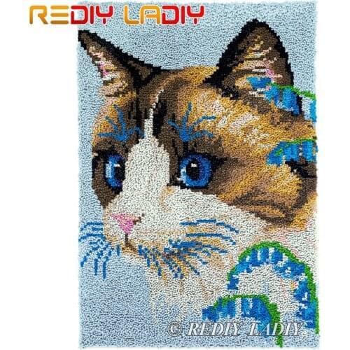 Latch Hook Kits DIY Carpet Rug Blue Eyes Cat Plush Wall Tapestry Kits Crochet Floor Mat Thick Yarn Cushion Arts & Crafts 60*85cm