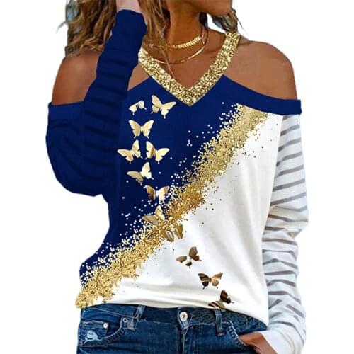 Autumn Long Sleeve Tops Women V Neck Blouse Skin-friendly Off Shoulder Butterflies Print Autumn Tops Pullover Top Streetwear