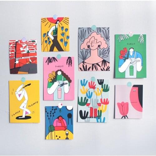 Korean Ins Abstract Cute Art Postcard 9 Sheets Double Sided Hand Painting Illustration Decoratiove Card Wall Sticker Photo Props