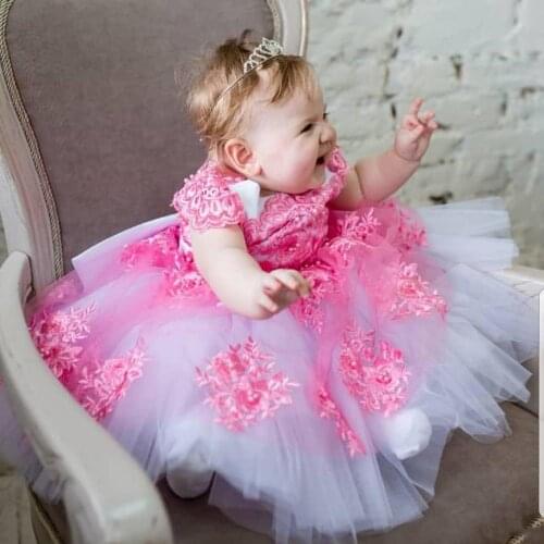 Baby Girl Dresses Pink Applique White Tulle Kids Birthday Dress Baptism Gown Children Party Wear